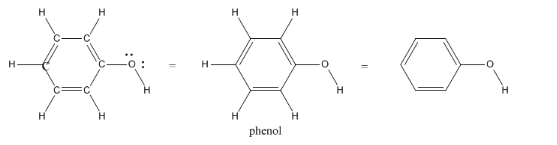 Fórmula estructural y estructura esquelética del fenol.