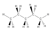 Estructura kekule para pentano, mostrando disposición tetraédrica de hidrógenos.