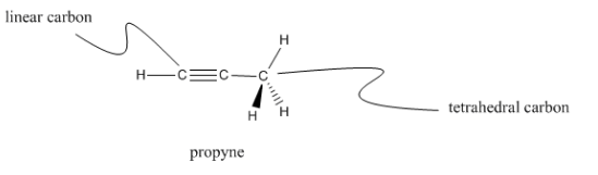 Kekule structure of propyne, showing linear arrangement of triple bond and tetrahedral arrangement of hydrogens around the terminal, single-bonded carbon.