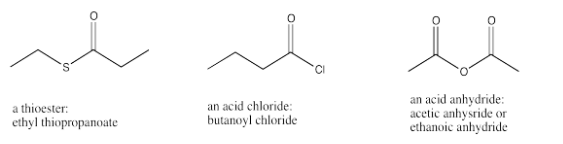 Estructuras de líneas de unión de tiopropanoato de etilo, cloruro de butanoílo y anhídrido acético.