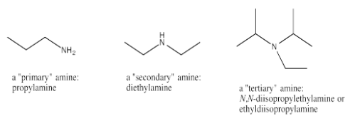 Estructuras de líneas de unión de propilamina, dietil amina y N, N-diisopropiletilamina.