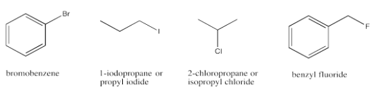 Estructuras de líneas de enlace de bromobenceno, yoduro de propilo, cloruro de isopropilo y fluoruro de bencilo.