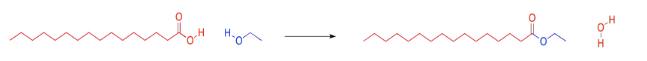 ácido n-hexadecanoico y etanol combinados para formar hexadecanoato de etilo (palmitato de etilo) y agua.