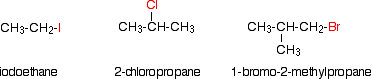 Condensed formulas of iodoethane, 2-chloropropane, and 1-bromo-2-methylpropane. 