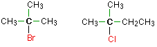 CH3CBrCH3CH3 and CH3CClCH3CH2CH3 with the halogens highlighted in red. 