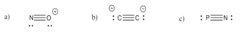 Respuestas al Ejercicio 4.3.2, del a al c. En orden: óxido nítrico, etinida, fósforo nitrogenado.