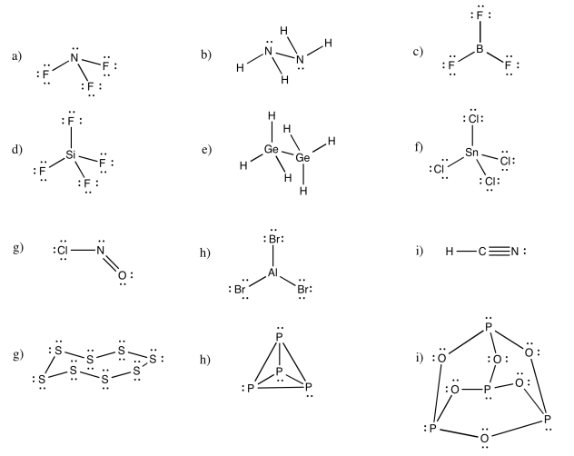 Answers to Exercsise 4.4.5, a through i, showing several Lewis structures.