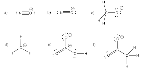 Answers to Exercise 4.5.1, a thorugh f, showing several Lewis structures.