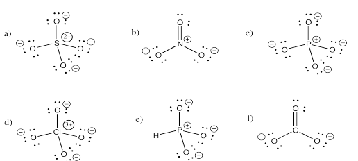 Answers to Exercise 4.5.2, a through f, showing several Lewis structures of anions.