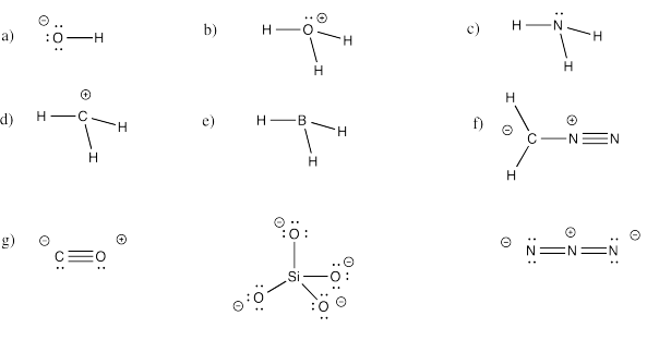 Answers to Exercise 4.5.3, a through g, showing several Lewis structures.