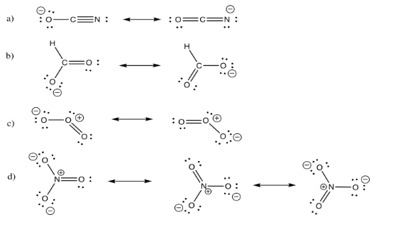 Answers to Exercise 4.6.1, a through d, showing several resonance structures.