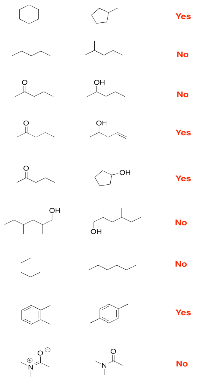 Answers to Exercise 4.8.4, with bond-line structures and yes/no responses.