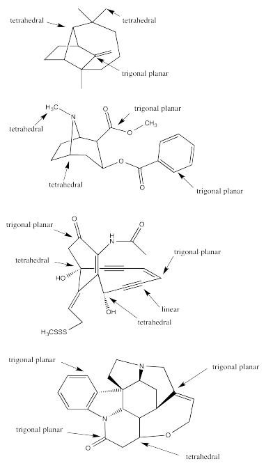 Respuestas al Ejercicio 4.9.2, con varias estructuras de líneas de enlace con geometría molecular etiquetada.