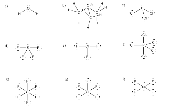 Answers to Exercise 4.10.3, a through i, with Lewis-Kekule structures.