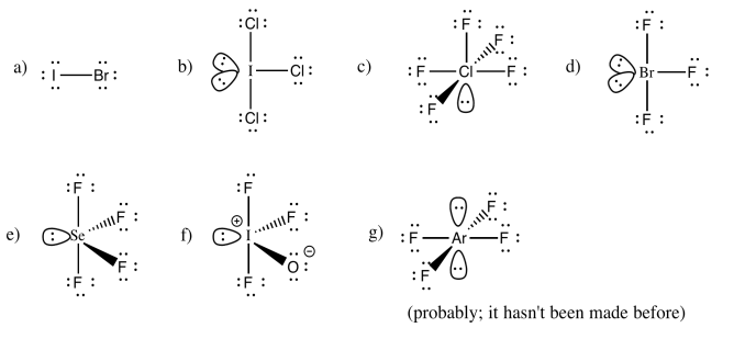 Respuestas al Ejercicio 4.10.5, de la a a la g, mostrando varias estructuras de Lewis con pares solitarios.
