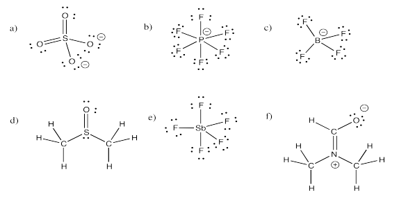 Answers to Exercise 4.11.1, a through f, showing several Lewis structures.