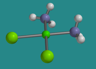 Ball-and-stick model of a molecule, showing flat square geometry about the central atom.