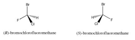 R and S enantiomers of bromochlorofluoromethane.