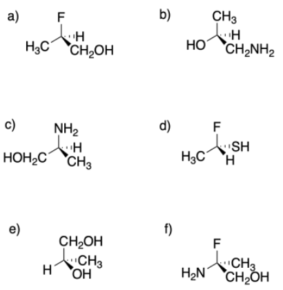 Ejercicio 5.5.6, de la a a la f, mostrando seis moléculas diferentes.