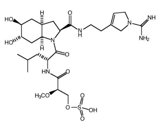 Estructura de línea de unión de la disinosina A, con estereoquímica indicada con cuñas y guiones.