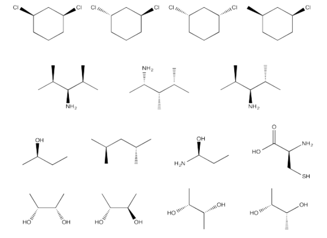 Ejercicio 5.7.4, mostrando varias moléculas diferentes con centros quirales.