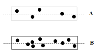 Diagramas de dos tubos, A y B, con puntos negros distribuidos aleatoriamente por sus interiores. Ambos tubos están divididos con líneas discontinuas. A tiene cinco puntos negros en ella, mientras que B tiene diez puntos negros.