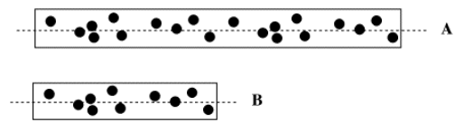 Diagrams of two tubes, A and B, with black dots distributed randomly throughout their interiors. Both tubes are split with dashed lines and have the same concentration of black dots; however, tube A is twice as long as tube B.