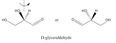 D-gliceraldehído; una estructura de línea de enlace se gira alrededor del eje vertical 180 grados por lo que el grupo hidroxi está en un guión en lugar de una cuña, a pesar de mantener la quiralidad.