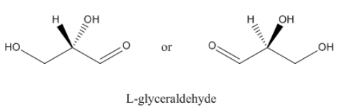 Estructura de línea de unión de L-gliceraldehído, mostrada en dos formas con una girada 180 grados alrededor del eje y. El grupo hidroxi interno está en cuñas y guiones opuestos como en D-gliceraldehído.