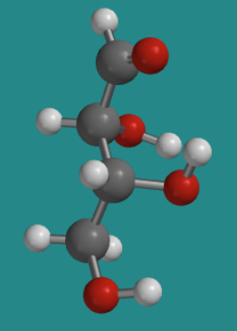 Un modelo de bola y palo de D-treosa. Los grupos hidroxi internos están en el lado derecho de la molécula.