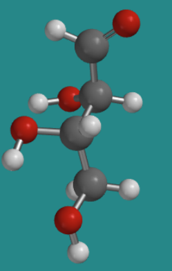 Ball-and-stick model of L-threose, showing both internal hydroxy groups on the left hand side.