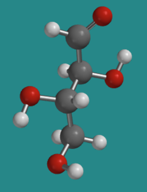 Modelo de bola y barra de L-eritrosa, que muestra el grupo hidroxi C2 en el lado derecho y el grupo hidroxi C3 en el lado izquierdo.