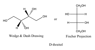 Wedge and dash drawing and Fischer projection of D-threitol.