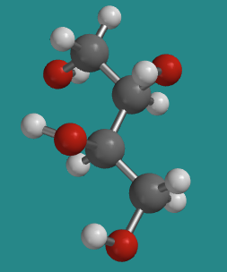 Modelo de bola y barra de D-treitol, con los grupos hidroxi internos en lados opuestos de la molécula.