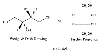 Eritritol en forma de cuña y guión y como proyección de Fischer. Los grupos hidroxi internos tienen estereocentros R en ambos diagramas.