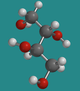 Modelo de bola y barra de D-treitol, mostrando grupos hidroxi internos en ambos lados de la molécula.