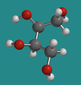 Conformación eclipsada de eritritol como modelo de bola y palo. Los dos grupos CH2OH terminales están en el mismo lado de la molécula. Los dos grupos hidroxi internos están en el lado izquierdo y ambos apuntan hacia la cámara.