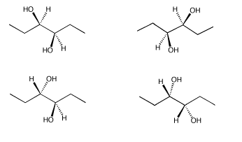 Ejercicio 5.10.3, mostrando cuatro variaciones sobre 3,4-hexanodiol.