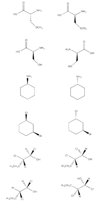 Ejercicio 5.10.4, mostrando varias moléculas quirales.