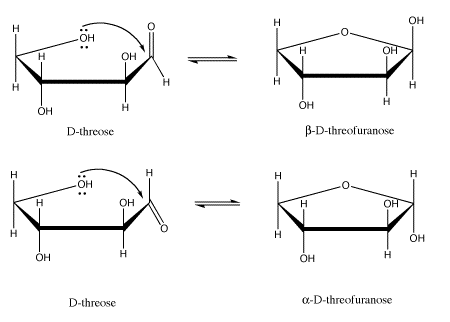 Arrow-pushing diagrams showing cyclization of D-threose to its beta and alpha anomers.