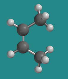 Ball-and-stick model of cis-2-butene. The terminal methyl groups are on the same side of the double bond.