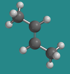 Ball-and-stick model of trans-2-butene, with terminal methyl groups on opposite sides of the molecule.