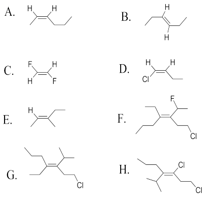Ejercicio 5.16.1, de la a a la h, mostrando varias estructuras de líneas de enlace de alquenos.