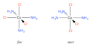 Facial (left) and meridional (right) forms of tetraamine cobalt dichloride.