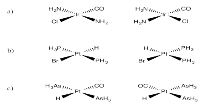 Answers to Exercise 5.2.1, a through c, with diastereomers of metal complexes. a is an iridium complex with two amine groups, a chlorine group, and a carbon monoxide group. b is a metal complex with a hydrogen, a bromine, and two phosphine groups. c is a platinum complex with two arsine groups, a carbon monoxide group, and a hydrogen.