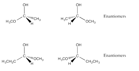Respuestas al Ejercicio 5.4.2: dos pares de enantiómeros de 1-metoxietanol y 1-metoxipropanol.