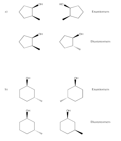 Respuestas al Ejercicio 5.9.9, a y b. a muestra enantiómeros y diastereómeros para 2-metilciclopentanol. b muestra enantiómeros y diastereómeros para 3-metilciclohexanol.