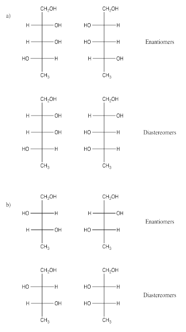 Respuestas al Ejercicio 5.9.10, a y b, mostrando pares de diastereómeros y enantiómeros como proyecciones de Fischer.