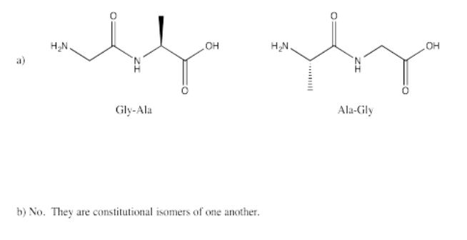 a. Glycine-alanine and alanine-glycine. b. No. They are constitutional isomers of one another.