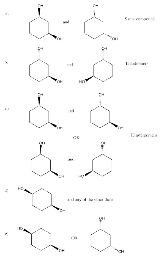 Respuestas al Ejercicio 5.20.10, de a a e, con variaciones de 1,3-ciclohexanodiol. a es el mismo compuesto. b es enantiómeros. c es diastereómeros. d es cualquier ciclohexanodiol. e muestra cis-1,4-ciclohexanodiol y cis-1,3-ciclohexanodiol.